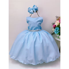 Vestido Infantil Azul Peito E Cinto Strass Princesas