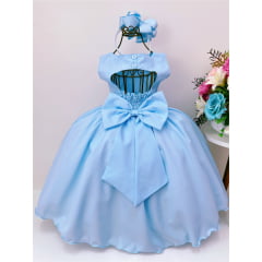 Vestido Infantil Azul Peito E Cinto Strass Princesas