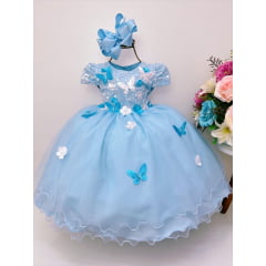 Vestido Infantil Azul Renda e Aplique C/ Borboletas Flores
