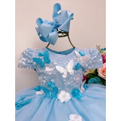 Vestido Infantil Azul Renda e Aplique C/ Borboletas Flores