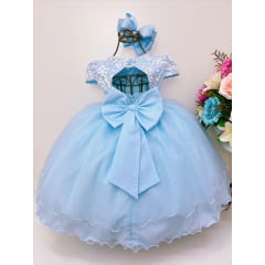 Vestido Infantil Azul Renda e Aplique C/ Borboletas Flores