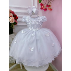 Vestido Infantil Branco C/ Renda e Aplique Borboletas Flores