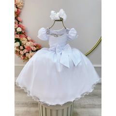 Vestido Infantil Branco Com Broche de Laço Daminhas