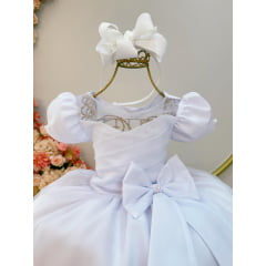 Vestido Infantil Branco Com Broche de Laço Daminhas