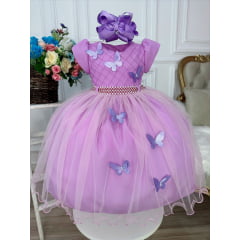 Vestido Infantil Lilás Peito Nervura Aplique de Borboletas