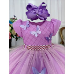 Vestido Infantil Lilás Peito Nervura Aplique de Borboletas
