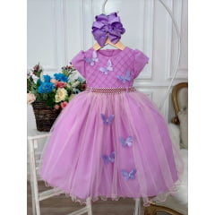 Vestido Infantil Lilás Peito Nervura Aplique de Borboletas
