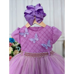 Vestido Infantil Lilás Peito Nervura Aplique de Borboletas