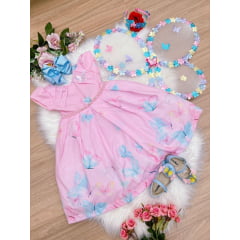 Vestido Infantil Rosa Aplique de Borboletas Coloridas Luxo