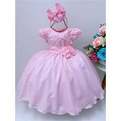 VESTIDO INFANTIL ROSA COM APLIQUE DE BORBOLETAS E FLORES