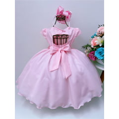 VESTIDO INFANTIL ROSA COM APLIQUE DE BORBOLETAS E FLORES