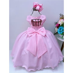 Vestido Infantil Rosa Peito E Cinto Strass Princesas