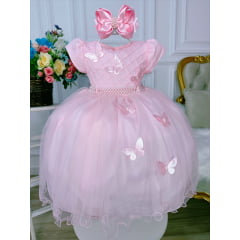 Vestido Infantil Rosa Peito Nervura Aplique de Borboletas