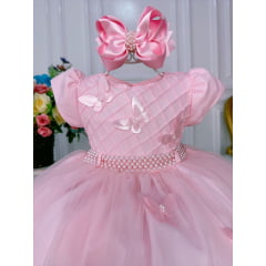 Vestido Infantil Rosa Peito Nervura Aplique de Borboletas