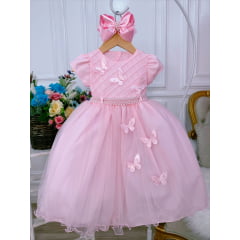 Vestido Infantil Rosa Peito Nervura Aplique de Borboletas