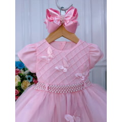 Vestido Infantil Rosa Peito Nervura Aplique de Borboletas