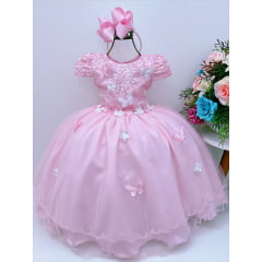 Vestido Infantil Rosa Renda C/ Aplique e Borboletas Flores