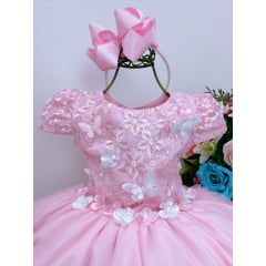 Vestido Infantil Rosa Renda C/ Aplique e Borboletas Flores