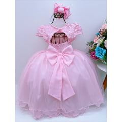 Vestido Infantil Rosa Renda C/ Aplique e Borboletas Flores