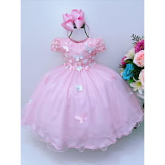 Vestido Infantil Rosa Renda e Aplique C/ Borboletas Flores