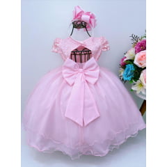Vestido Infantil Rosa Renda e Aplique C/ Borboletas Flores