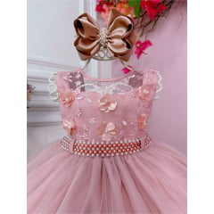 Vestido Infantil Rose C/ Aplique de Flores e Renda Luxo