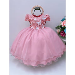 Vestido Infantil Rose C/ Renda e Aplique Borboletas Flores