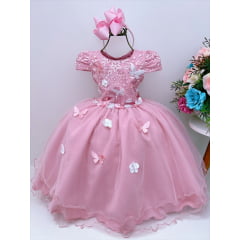 Vestido Infantil Rose Renda C/ Aplique e Borboletas Flores