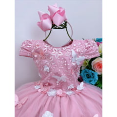 Vestido Infantil Rose Renda C/ Aplique e Borboletas Flores