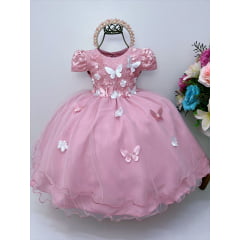 Vestido Infantil Rose Renda e Aplique C/ Borboletas Flores