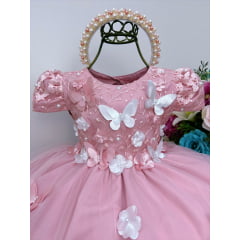 Vestido Infantil Rose Renda e Aplique C/ Borboletas Flores