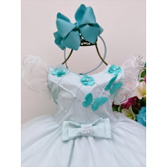 Vestido Infantil Verde Peito Nervura Aplique de Flores