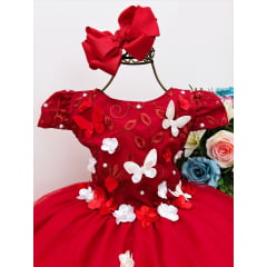 Vestido Infantil Vermelho C/ Renda Aplique Flores Borboletas