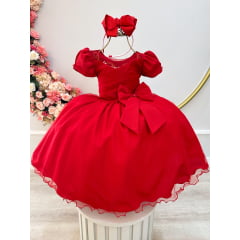 Vestido Infantil Vermelho Com Broche de Laço Daminhas