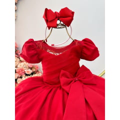 Vestido Infantil Vermelho Com Broche de Laço Daminhas