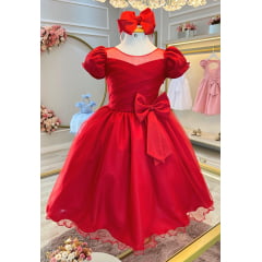 Vestido Infantil Vermelho Com Broche de Laço Daminhas