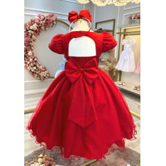 Vestido Infantil Vermelho Com Broche de Laço Daminhas