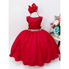Vestido Infantil Vermelho Peito E Cinto Strass Princesas