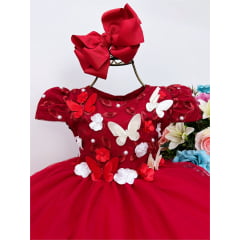 Vestido Infantil Vermelho Renda Aplique Flores e Borboletas