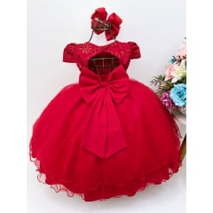 Vestido Infantil Vermelho Renda Aplique Flores e Borboletas