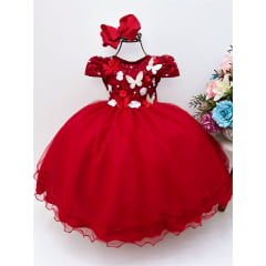 Vestido Infantil Vermelho Renda Aplique Flores e Borboletas