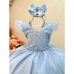 Vestido Infantil Azul Claro C/ Renda e Pérolas Strass Damas