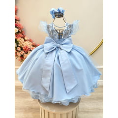 Vestido Infantil Azul Claro C/ Renda e Pérolas Strass Damas