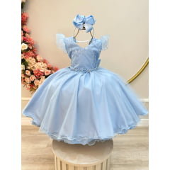 Vestido Infantil Azul Claro C/ Renda e Pérolas Strass Damas