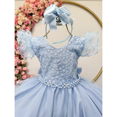 Vestido Infantil Azul Claro C/ Renda e Pérolas Strass Damas