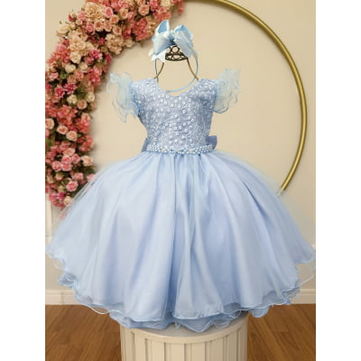 Vestido Infantil Azul Claro C/ Renda e Pérolas Strass Damas