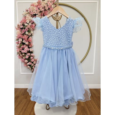 Vestido Infantil Azul Claro C/ Renda e Pérolas Strass Damas