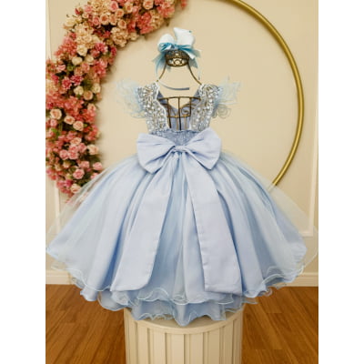 Vestido Infantil Azul Claro C/ Renda e Pérolas Strass Damas