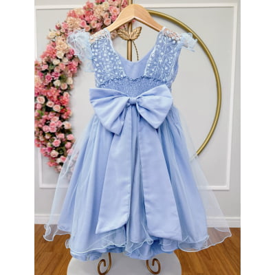 Vestido Infantil Azul Claro C/ Renda e Pérolas Strass Damas