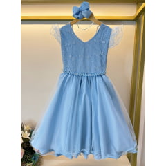 Vestido Infantil Azul Claro C/ Renda Strass e Pérolas Damas